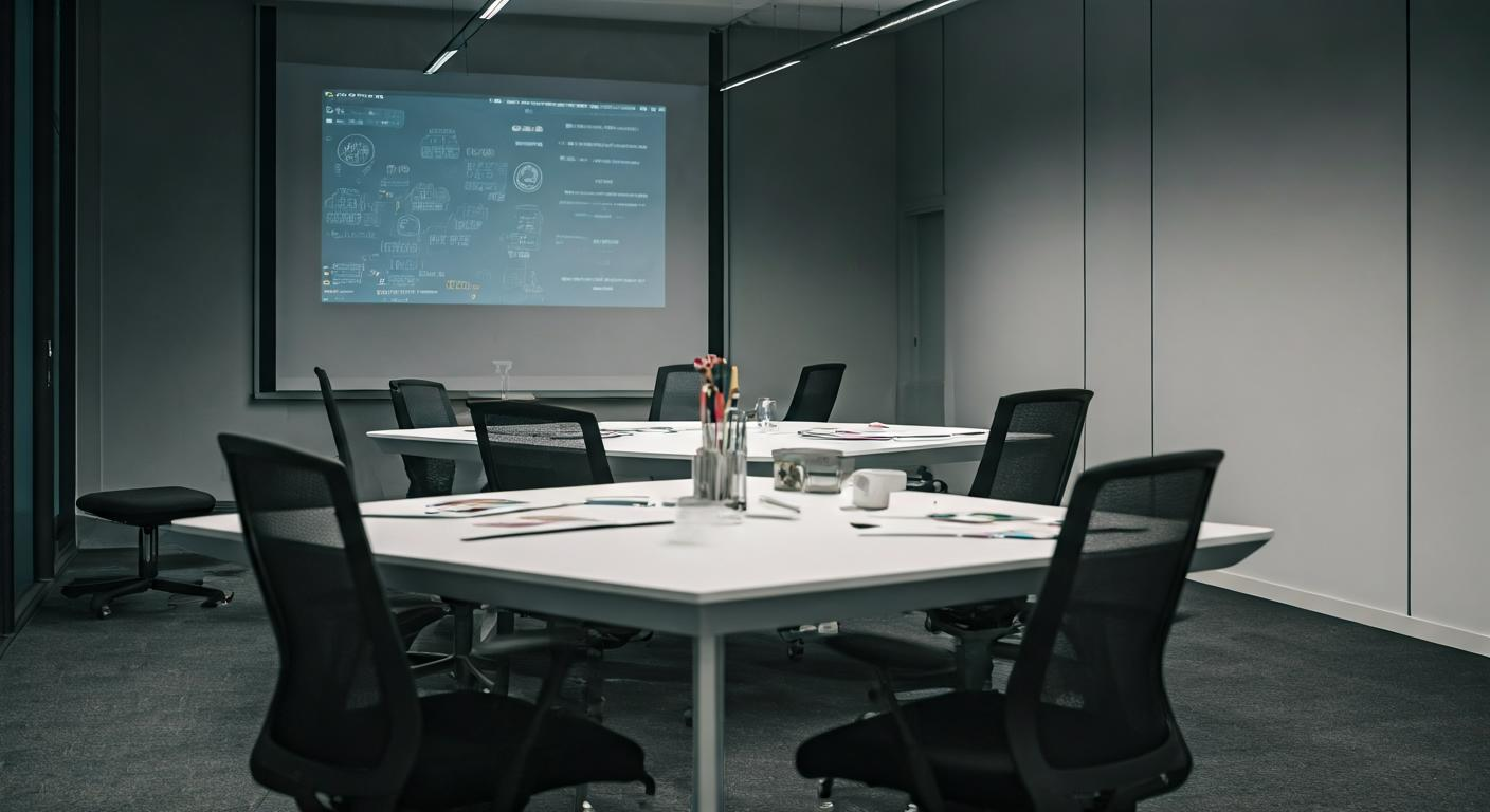 A modern Malaysian training studio with a projector, desks, and design materials laid out for a professional Figma learning session.