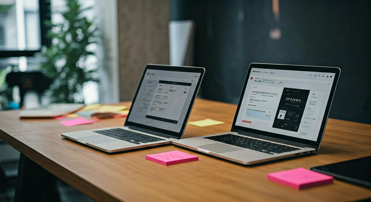 A Malaysian design workspace with laptops showing Figma interfaces, sticky notes, and a small team collaborating around a large table in a modern studio environment.