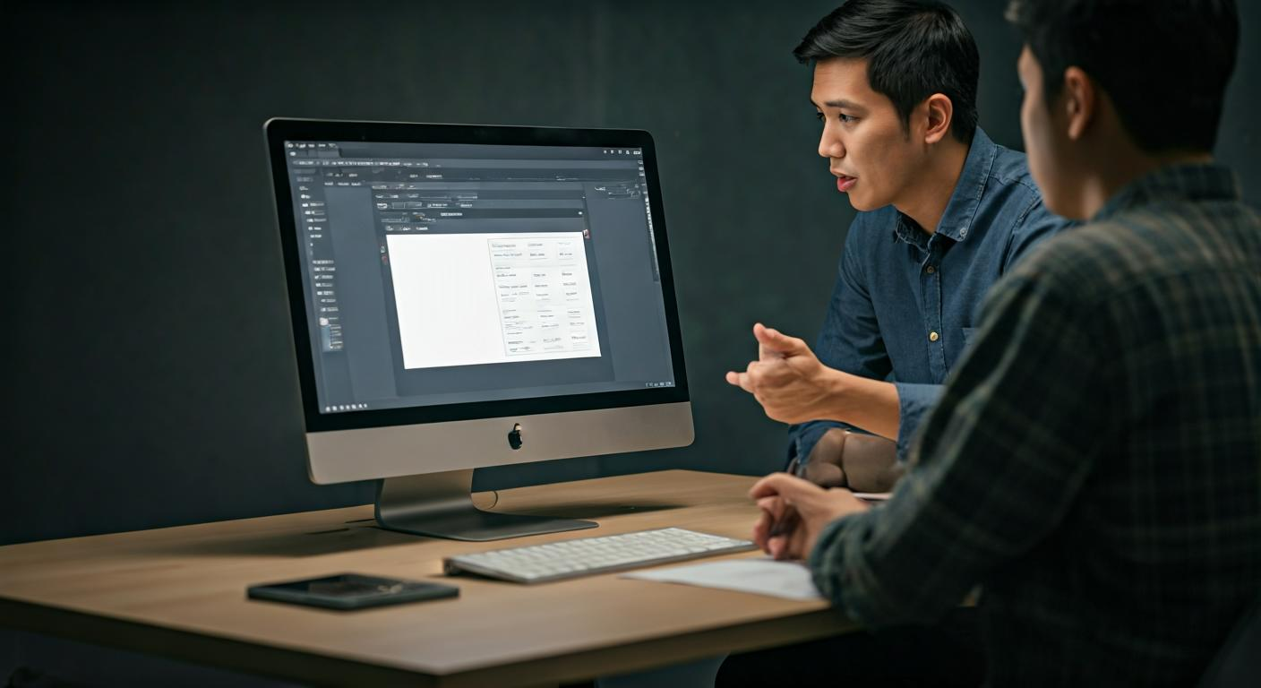 Trainer explaining Figma features on a large monitor while participants take notes, illustrating a structured workshop environment in Kuala Lumpur.