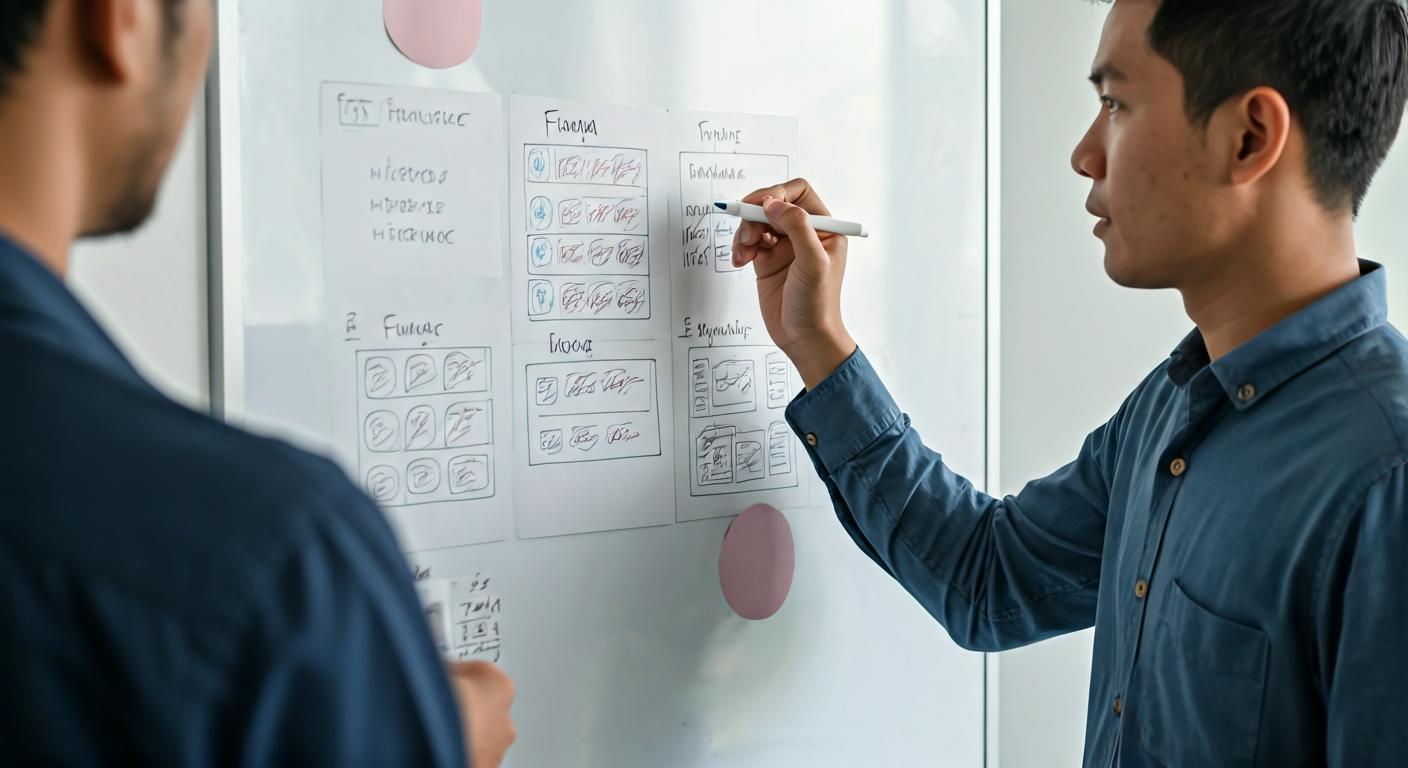 Trainer preparing a structured lesson plan on a whiteboard, showing Figma workflow stages, wireframes, and prototyping steps for a Malaysian audience.
